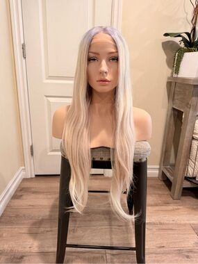 Blonde Straight Lace Front Wig Platinum Blonde with Periwinkle Roots 24”260g